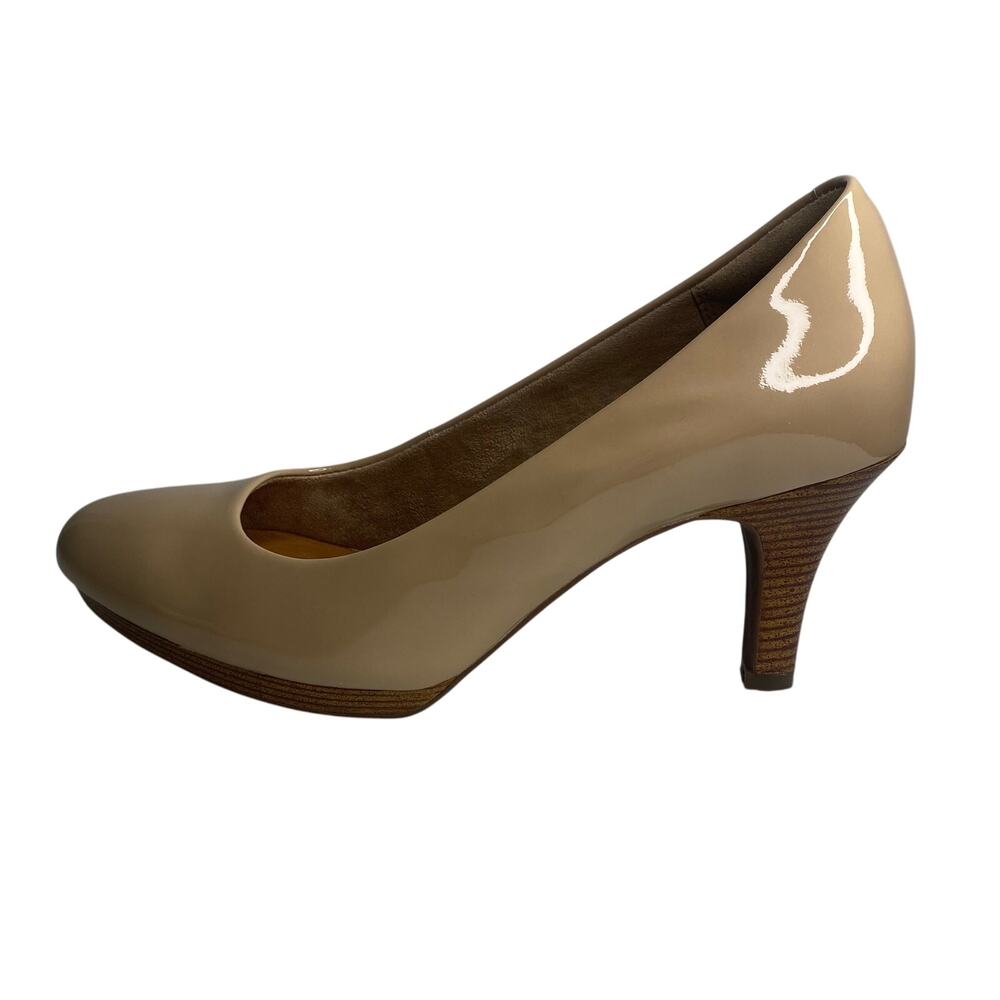Clarks Patent Nude Beige Mid Heel Pumps